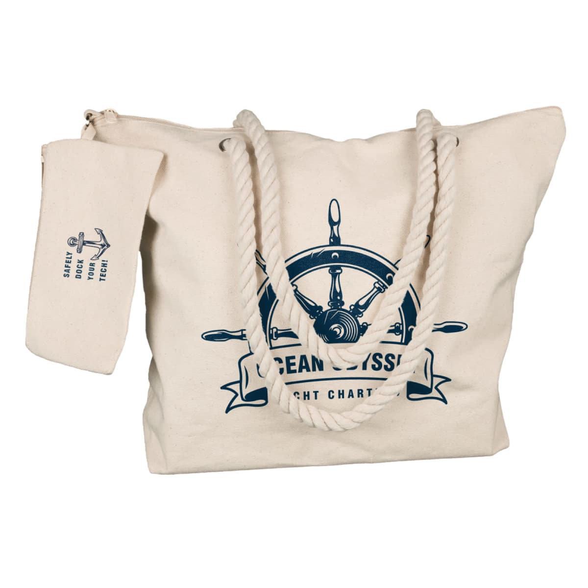 A canvas tote bag with rope handles and a matching pouch. The bag features a nautical design with a ships wheel and the text Ocean Odyssey Yacht Charter in blue. The pouch has an anchor graphic and coordinates.