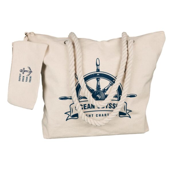 A white canvas tote bag with thick rope handles and a matching pouch. The bag features a nautical design with a ships wheel and the text Ocean Odyssey Yacht Charter in blue. The pouch has an anchor and text.