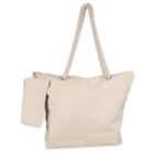 A beige canvas tote bag with thick rope handles on a white background. The bag includes a matching detachable pouch attached to the side.