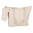 A beige canvas tote bag with sturdy rope handles and a matching small pouch attached to the side. The bag has a simple, minimalist design with a zipper closure on top. The pouch is secured with a small string.