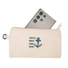 A smartphone is partially inserted into a beige zipper pouch with a text that reads Safely Dock Your Tech! accompanied by an anchor graphic. The pouch has a metal ring on one end.