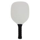 A pickleball paddle with a blank white face and a black grip handle, isolated on a white background.