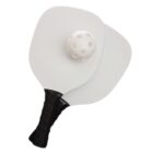Two white pickleball paddles with black handles are crossed diagonally. A white pickleball with holes rests on top of the paddles. The background is plain white.