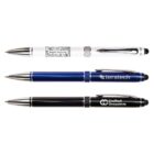Three ballpoint pens with styluses: one white with decorative patterns, one blue labeled teratech, and one black labeled Crafted Occasions. All have silver accents and clips.