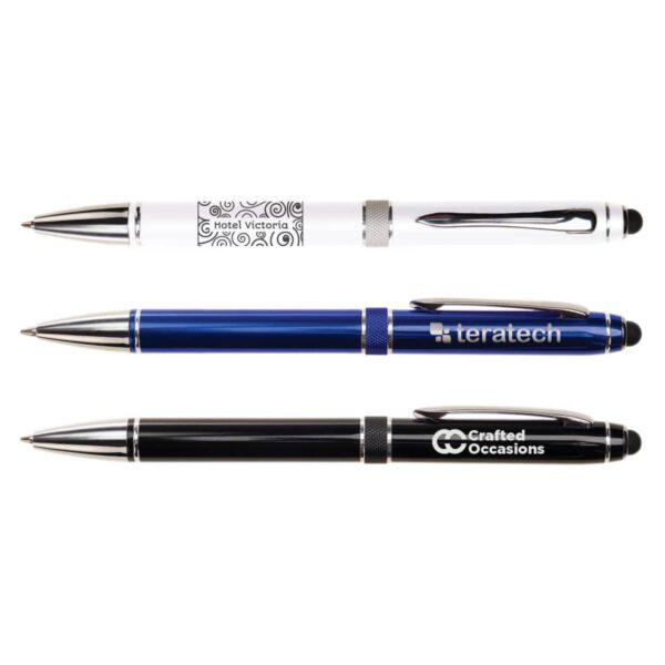 Three ballpoint pens are aligned horizontally. The top pen is white with a patterned grip, the middle pen is blue with a teratech logo, and the bottom pen is black with Crafted Occasions branding. Each pen has silver accents.