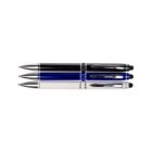 Three ballpoint pens aligned horizontally on a white background. The pens have metallic trims and come in black, blue, and white barrels.