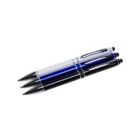 Three ballpoint pens in different colors: white, blue, and black, are arranged parallel to each other. Each pen has silver clip details and a stylus tip at the end.