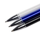 Three ballpoint pens placed diagonally. From top to bottom, the pens have silver, blue, and black barrels with chrome accents at the tips. The pen tips are pointed toward the left. The background is white.