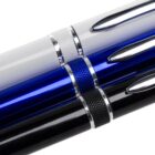 Three pens with shiny finishes are aligned horizontally, featuring black, blue, and silver colors. Each pen has metallic accents and clips. The image highlights their sleek and reflective surfaces.