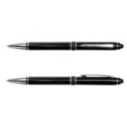 Two black and silver pens are displayed horizontally, one with its tip extended and the other retracted. Both pens have sleek, shiny finishes and clips on their caps.