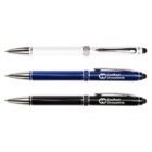 Three ballpoint pens are aligned horizontally: one white, one blue with “Crafted Occasions” printed on it, and one black also with “Crafted Occasions” printed on it. Each pen has a silver clip and tip.