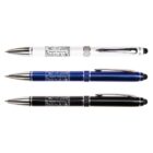 Three pens are aligned horizontally. The top pen is white with a decorative pattern and the words Hotel Victoria. The middle pen is blue with chrome accents. The bottom pen is black with a similar pattern and design as the top pen.