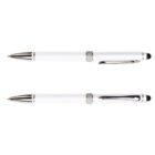 Two identical white pens with silver accents are positioned horizontally against a plain white background. Each pen has a stylus tip on one end and a retractable ballpoint on the other.