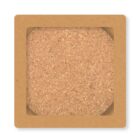 Square cork drink coaster with rounded edges, set within a slightly raised border. The cork texture is visibly coarse, and the coaster is placed on a plain white background.