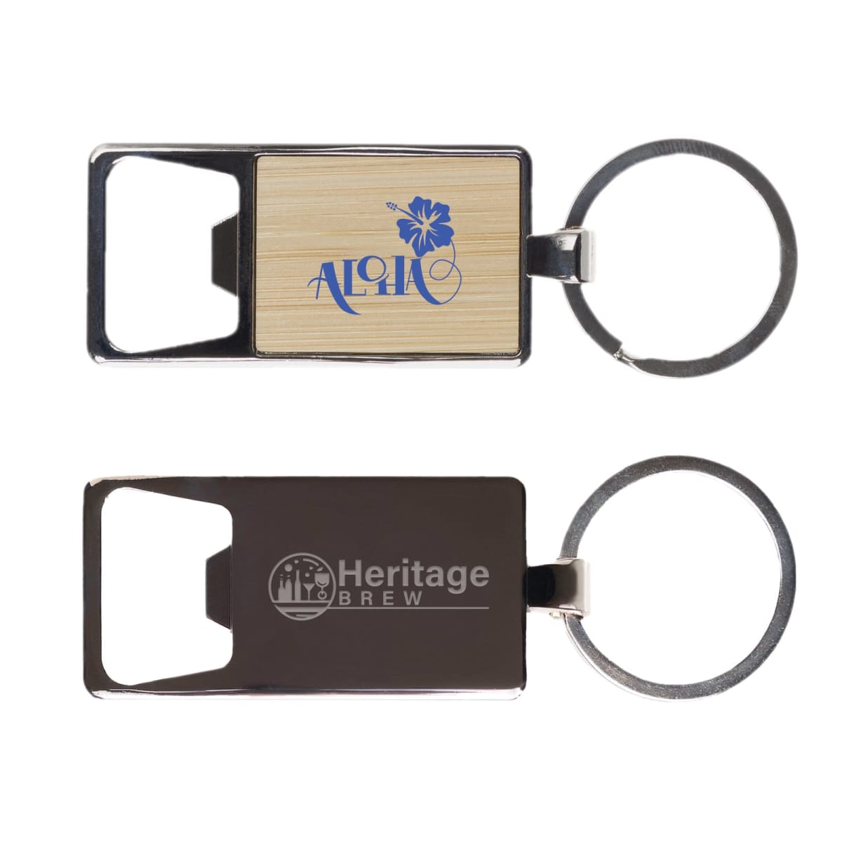 Two keychains with bottle openers are shown. The top one has a wooden panel labeled Aloha with a hibiscus flower design. The bottom one is metallic with the logo Heritage Brew. Both have split rings for attaching keys.