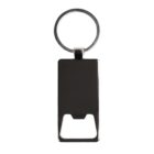 A sleek, rectangular black keychain with a built-in bottle opener at the bottom, attached to a silver metal ring.