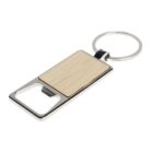 A rectangular metal keyring features a bottle opener with a light wood inlay. The sleek design combines functionality and style, perfect for carrying keys and opening bottles. The metal part is silver, and the wood adds a natural touch.