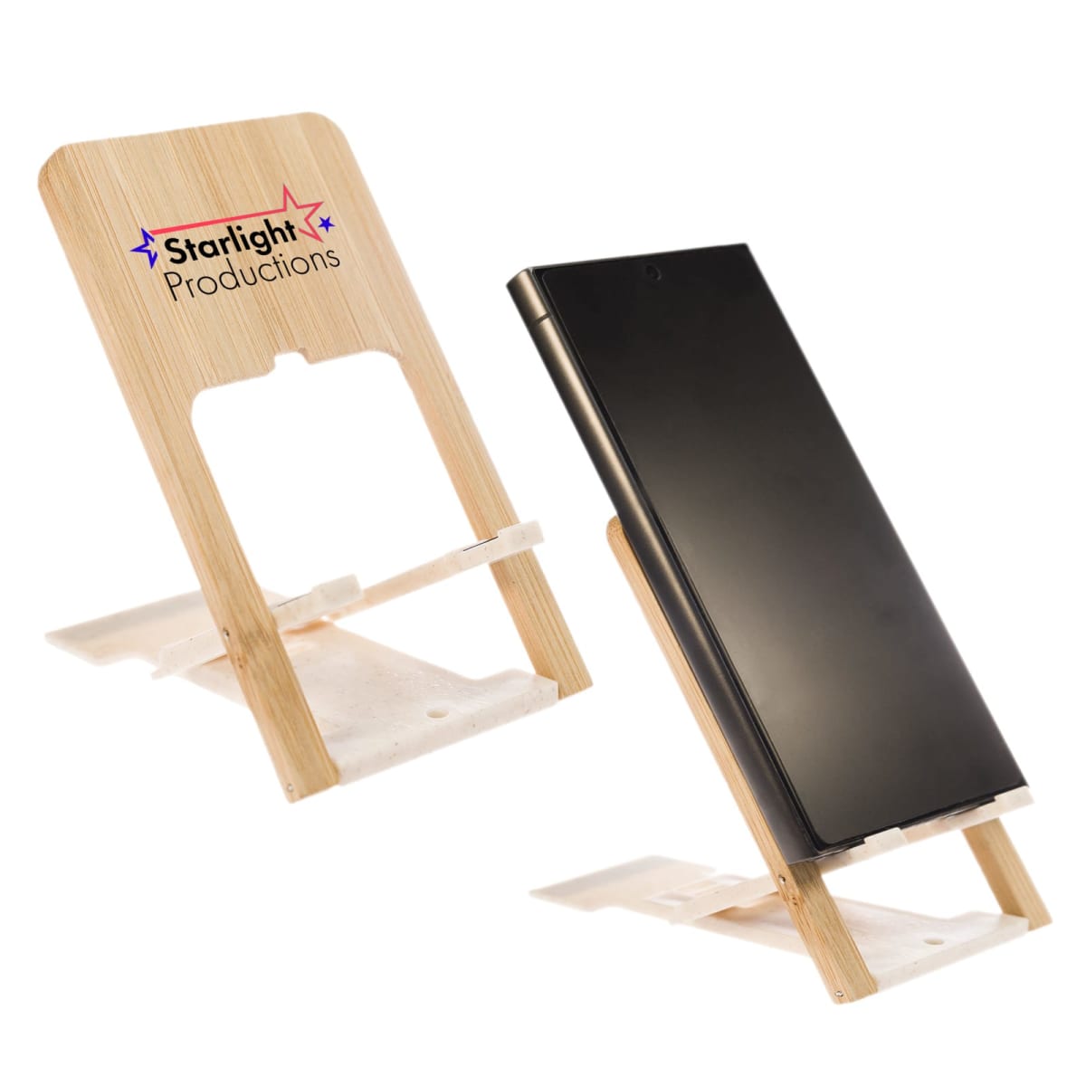 Two bamboo phone stands with the logo Starlight Productions. One stand holds a smartphone, showing its angled design and cutout for charging. Both stands have a natural wood finish.