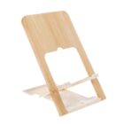 A wooden phone stand with a simple, minimalist design. It has a natural wood finish and features a slot for holding a smartphone upright. The stand has a folding mechanism for easy storage and portability.