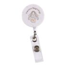 Round badge holder featuring an illustration of a mother holding a baby, with the words Precious Beginnings above it. The holder includes a retractable clip for attachment.