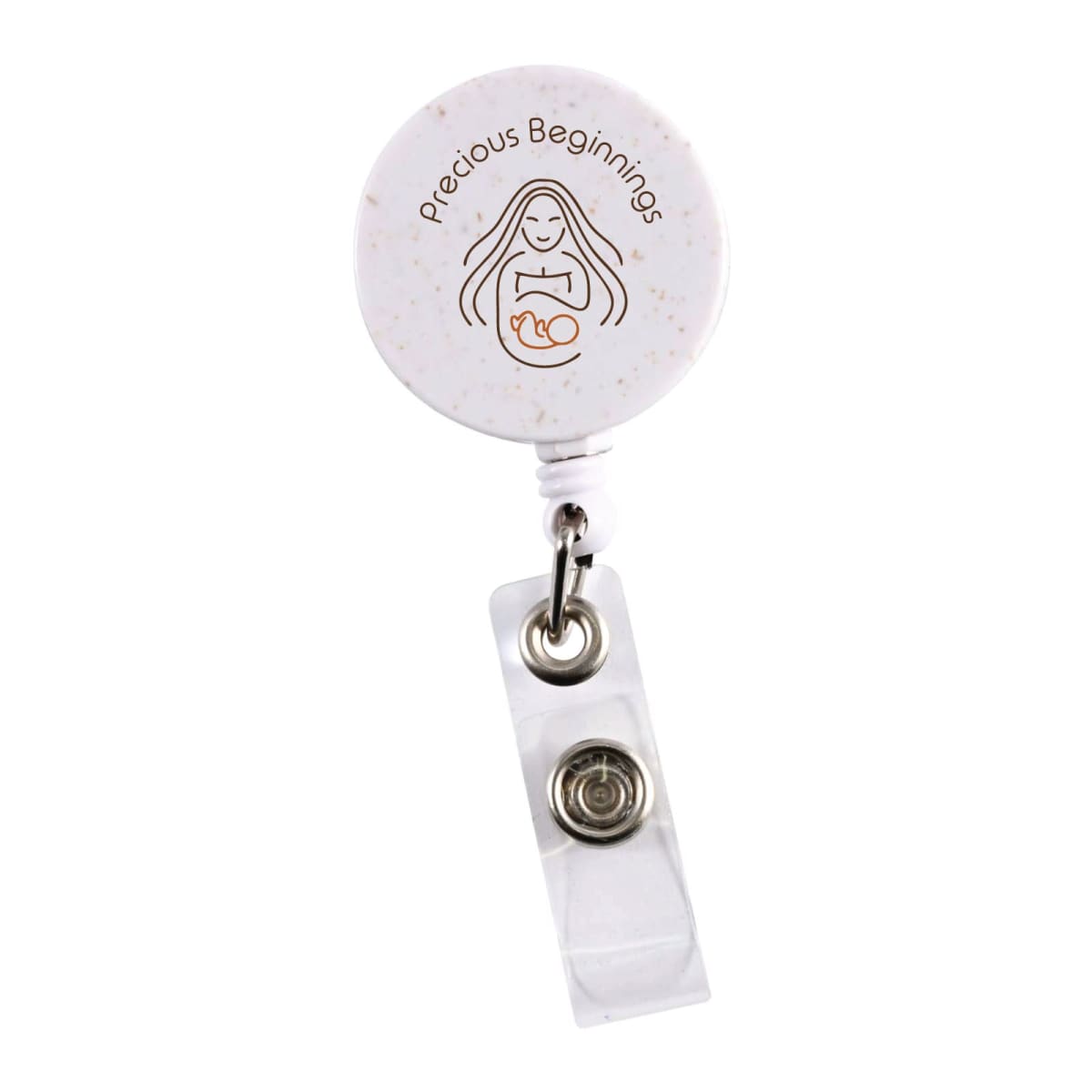 Round badge holder featuring an illustration of a mother holding a baby, with the words Precious Beginnings above it. The holder includes a retractable clip for attachment.