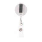 A white retractable badge reel with a circular casing and a silver belt clip. It has a plastic strap with a metal snap for attaching ID cards.