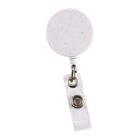 A white round retractable badge holder with a metal clip and a clear plastic strap with a snap button.