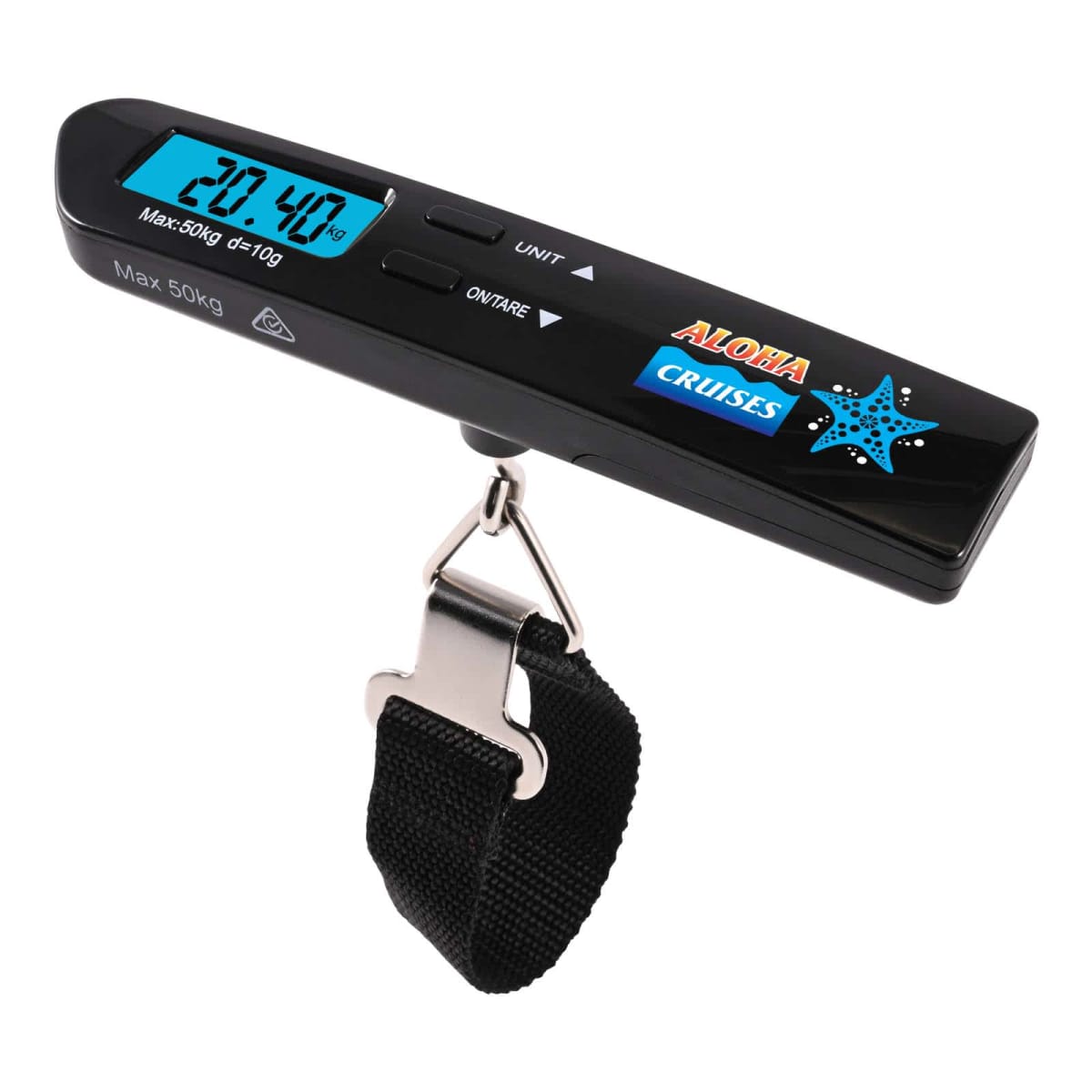A digital luggage scale with a black strap and metal clasp. The display shows a weight of 20.40 kg. The scale is marked with Aloha Cruises and has a starfish graphic. It has buttons labeled UNIT and ON/TARE and a weight limit of 50 kg.