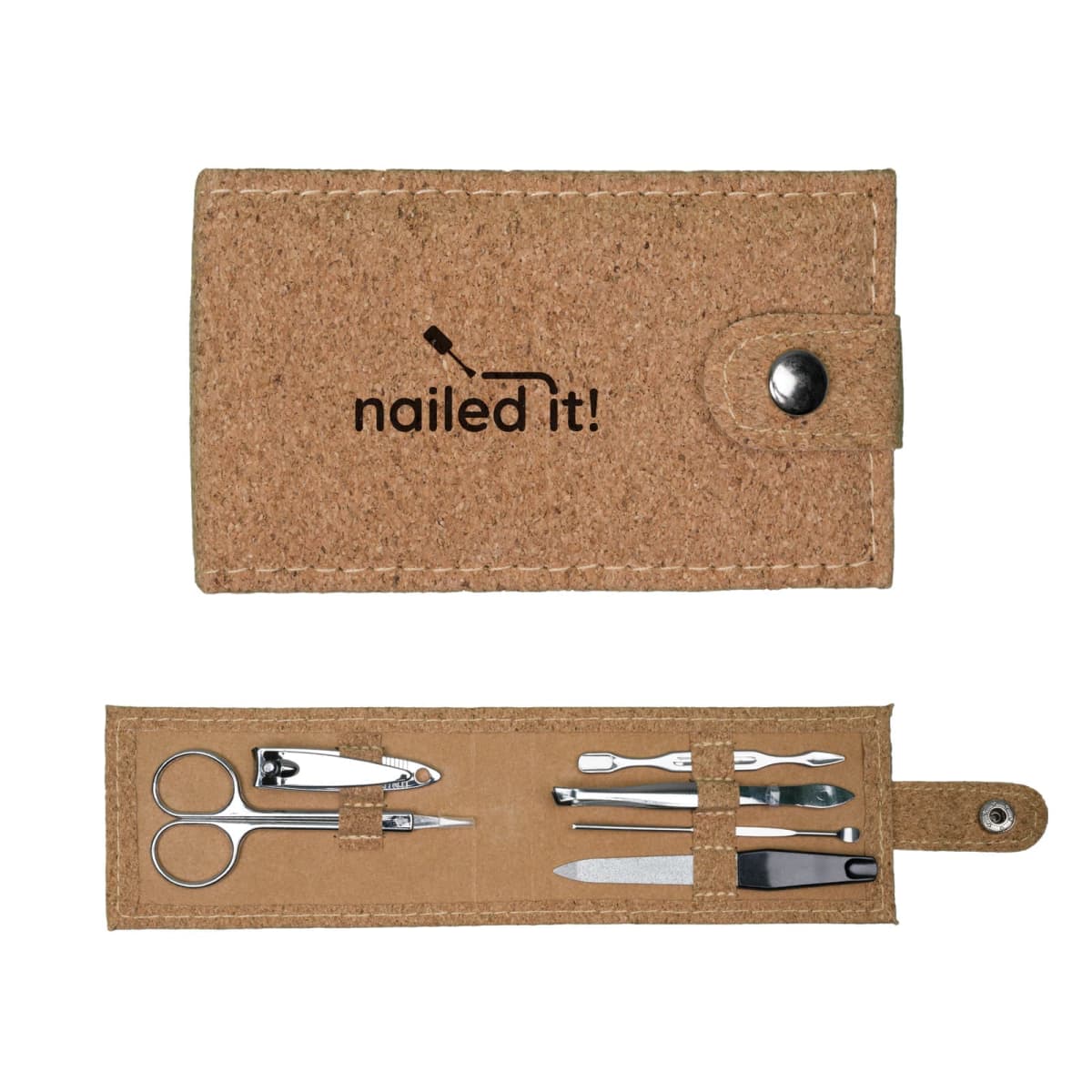 A cork-textured nail care kit with nailed it! printed on the cover. It opens to reveal nail scissors, clippers, tweezers, a cuticle pusher, and a nail file, all neatly organized in slots.
