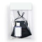 A clear plastic bag contains a small bottle of hand sanitizer and a black cloth face mask with adjustable ear loops. The bag appears to have a blank label at the top.