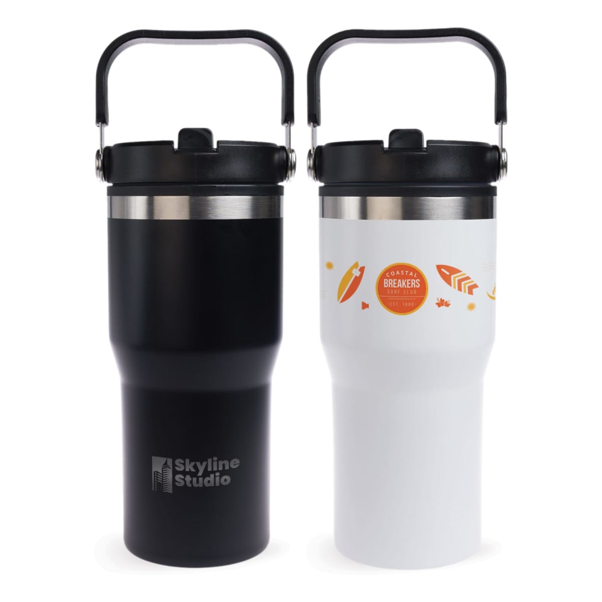 Two travel mugs with handles are shown. The left mug is black with a silver Skyline Studio logo. The right mug is white with a design featuring autumn leaves and Coastal Breakers in orange. Both have silver lids and black handles.