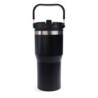 A black insulated travel mug with a sleek design, featuring a stainless steel band and a sturdy black handle on top. The mug has a secure lid, suitable for keeping beverages hot or cold.