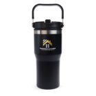 A black travel mug with a handle and a silver band near the top. It features the logo of Precision Builders with a gold and white house icon. The lid appears secure and the design is sleek.