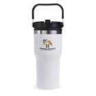 A white insulated travel mug with a black handle and lid. It features the logo and text Precision Builders in gold and black, with a stylized house design above the text.