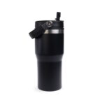 A sleek black travel mug with a secure flip-top lid and a silver accent band near the top. The mug is designed for easy carrying and preventing spills, standing upright against a white background.