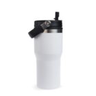 A white travel mug with a black lid and handle is displayed against a plain white background. The mug has a sleek, modern design and appears to be made of stainless steel. The lid features a small spout for drinking.