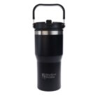 A black travel mug with a stainless steel rim and a carrying handle. The mug has the Skyline Studio logo printed on its side.