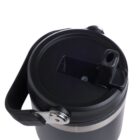 Close-up of a black and silver insulated travel mug with a lid and a built-in straw. The mug has a carrying handle attached to the side.
