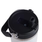 Close-up of a black and white reusable water bottle lid featuring a flip-top straw and carrying handle. The lid has a modern design with a visible spout for convenient sipping.