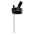 A black water bottle cap with an attached straw and a flip-up handle is shown against a plain white background. The cap has a round shape and a wide opening for easy attachment to a bottle.