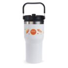 A white travel mug with a black handle and lid, featuring an autumn-themed design with leaves and an orange circle labeled Coastal Breakers.