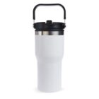 A stainless steel insulated travel mug with a black lid and a handle on top. The mug is white with a sleek design, ideal for keeping beverages hot or cold.