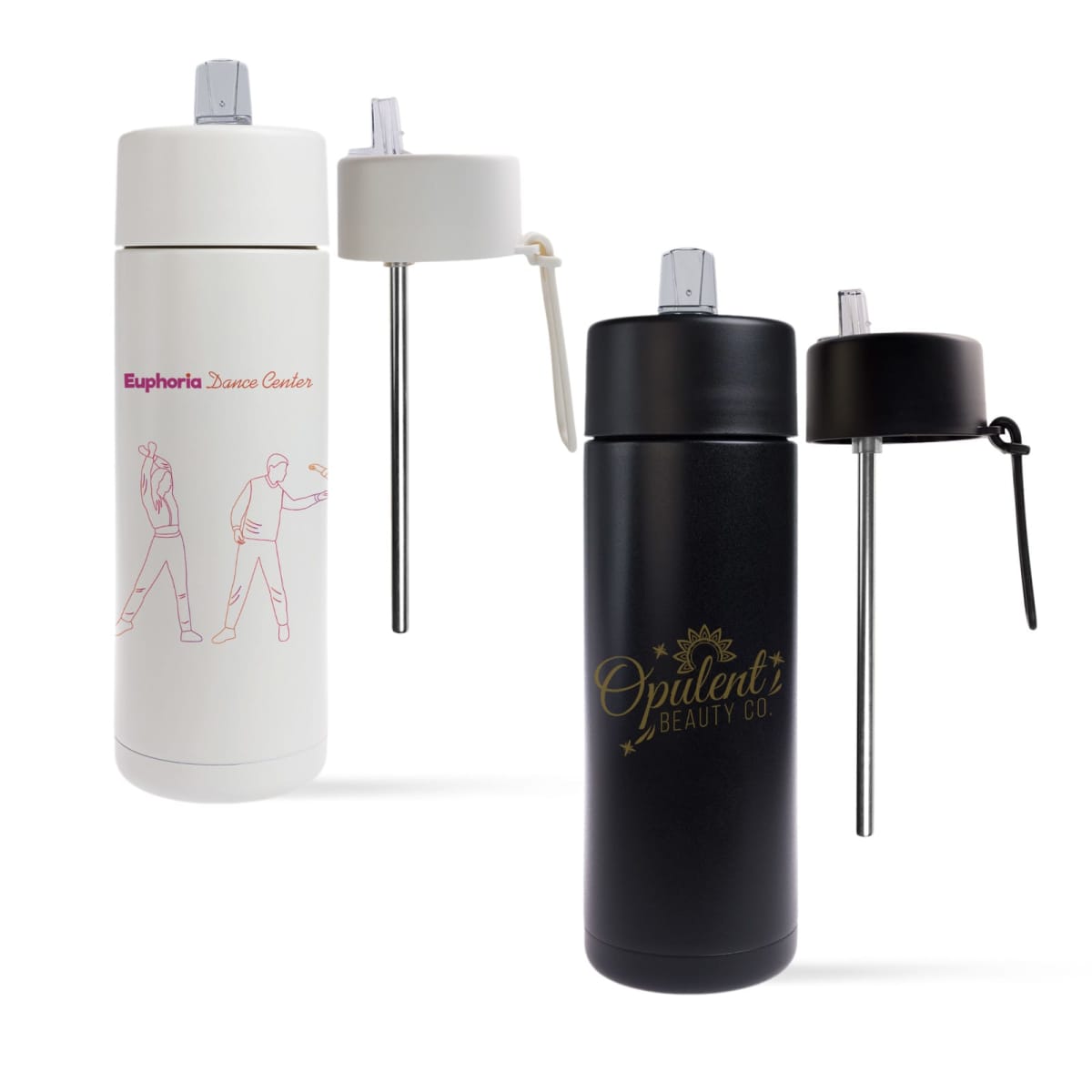 Two insulated water bottles with pump-style lids. One is white with a pink illustration of dancers and the text Euphoria Dance Center. The other is black with the gold text Opulent Beauty Co. Both have silver dispensing straws.