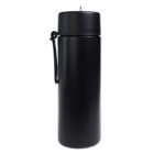 A sleek black thermos flask with a matte finish and a secure lid, featuring a small handle attached to the side. The design is minimalistic and compact, suitable for carrying hot or cold beverages.