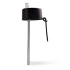 A black plastic bottle cap with an attached long metal straw and a silicone strap. The cap is designed to fit on an insulated bottle, featuring a transparent spout for drinking.