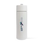 A white sports water bottle with a logo and the text Swiftstride Sports and Run Further. Play Stronger printed on it. The bottle has a simple, cylindrical design with a gray button on the lid.