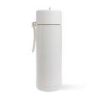 A white, cylindrical thermos with a smooth surface and a lid, featuring a loop handle on the side. The background is plain white.