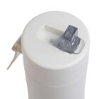 A white, cylindrical dispenser bottle with a gray pump mechanism is shown from above against a plain background.