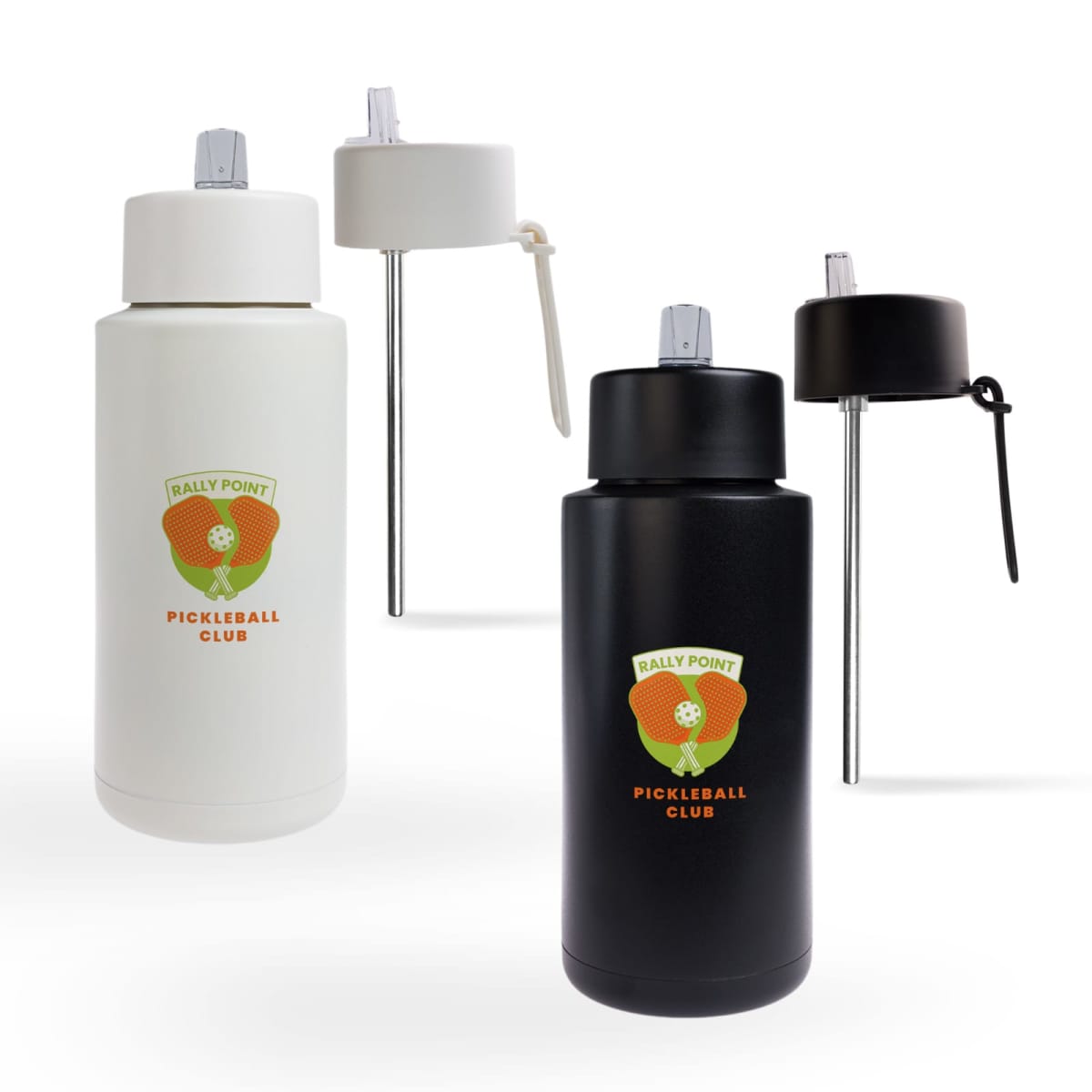 Three pickleball-themed water bottles are displayed against a white background. Two are white with beige lids and one is black with a black lid. Each bottle features a Rally Point Pickleball Club logo on the front.