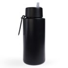 A black insulated water bottle with a straw lid and carrying loop is shown standing upright against a plain white background.